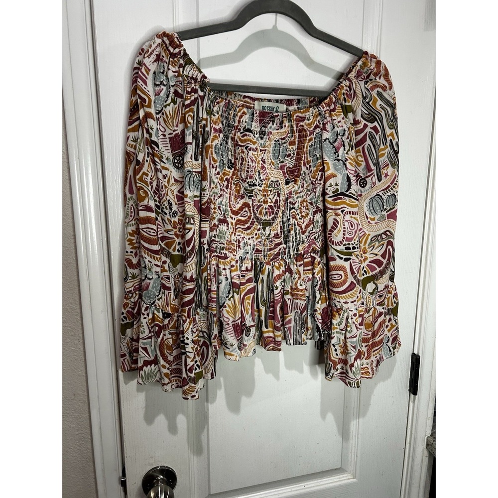 Rock & Republic Rust Multi-Color Printed Off-Shoulder Blouse